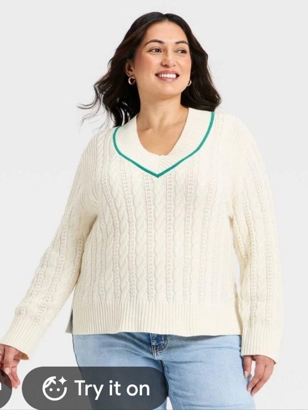 Ava & Viv Women's Long Sleeve Cable Knit V-Neck Pullover Sweater~ Cream